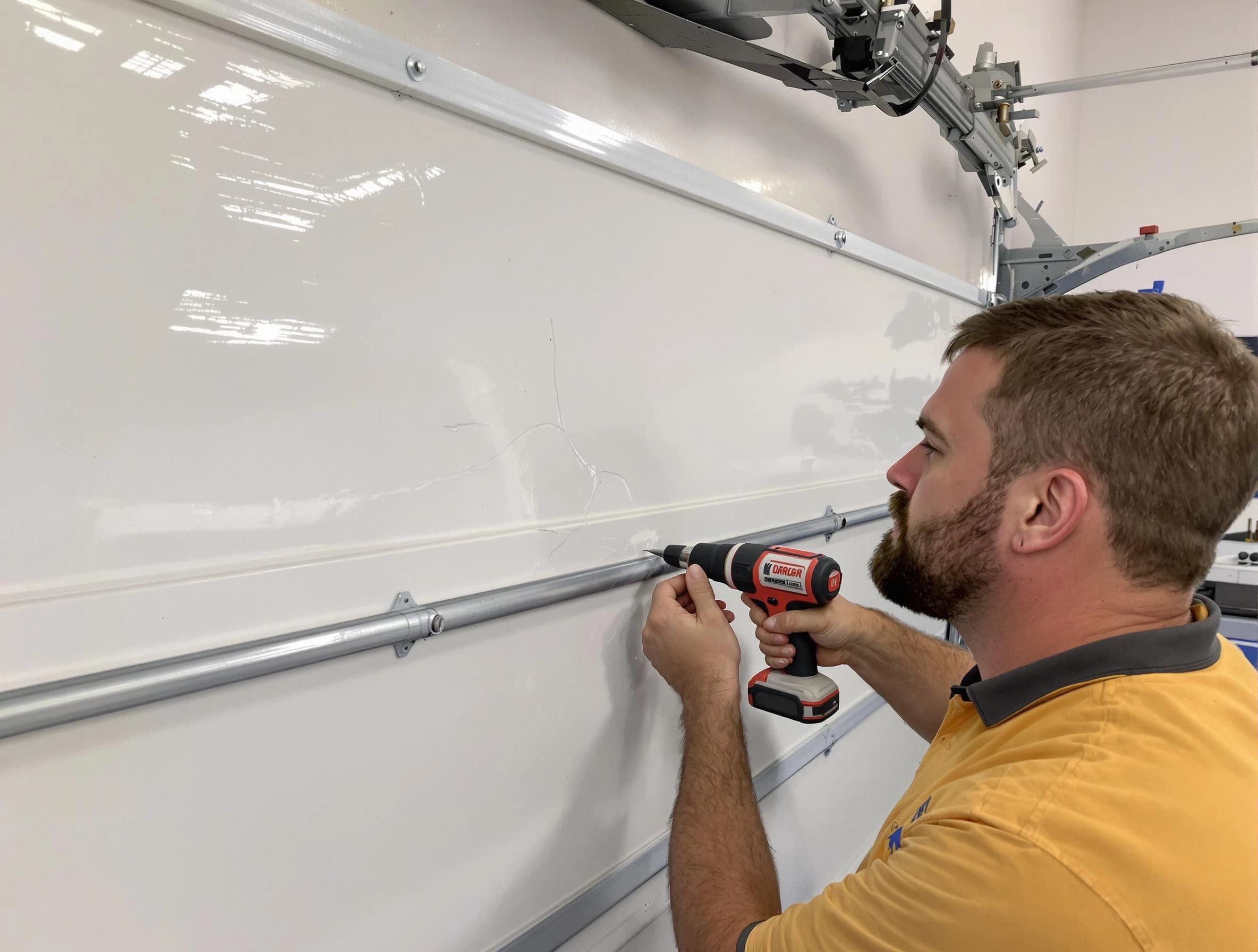 Round Rock Garage Door Repair expert performing dent repair on garage door in Round Rock