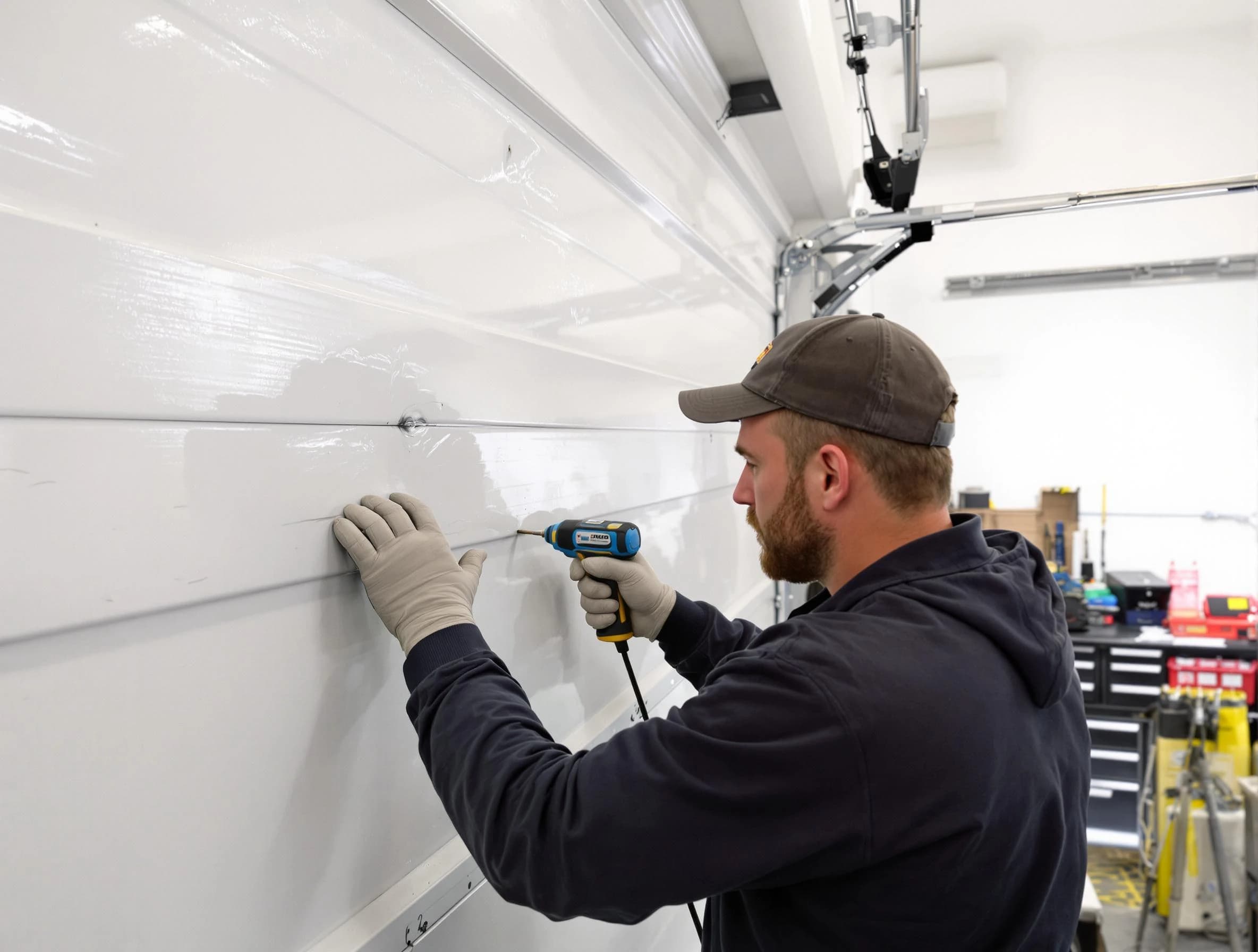 Round Rock Garage Door Repair technician demonstrating precision dent removal techniques on a Round Rock garage door